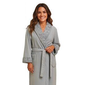 Carole Hochman Ice Blue Plush Faux Fur Trim Belted Midi Robe  Sz L– Cozy  Trendy